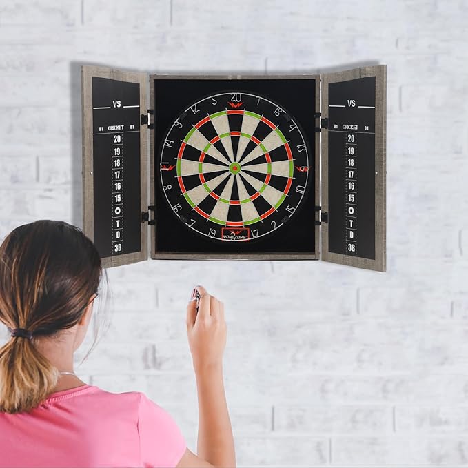 Dartboard Cabinet Set - Easy Assembly One Piece Sports Hemp Dartboard Scoreboard - Play Immediately - 6 Dart Chalk Set for Home Game Bar Accessories, Gray-StrideForce Fitness