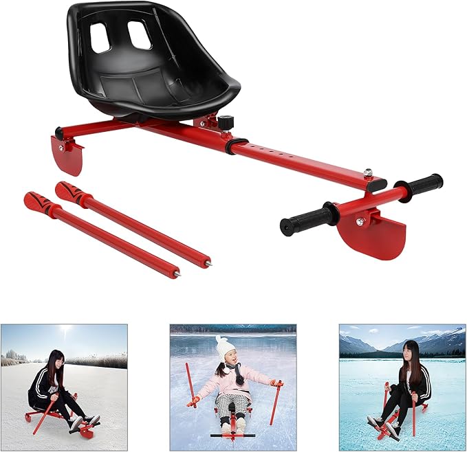 Adjustable Height Ice Skating Ski Sled Board for Kids, 360° Non-Slip Pedals & Support Stick, 176.4lbs Capacity Snow Slider - Red&Black-StrideForce Fitness