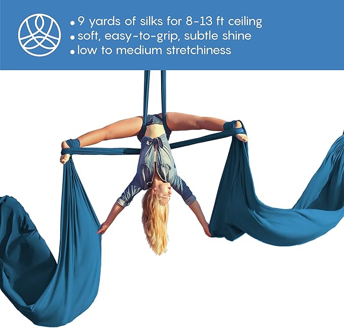 Aerial Silks Starter Kit - Durable 9 Yards of Aerial Yoga Hammock with Hardware & Guide - Aerial Swing for Acrobatic Flying Yoga & All Levels (Aerial Rigging Point Up to 13ft)-StrideForce Fitness