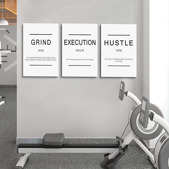 Framed Canvas Wall Art Success Quote, Office Wall Art, White Large Poster, Positive Motivational Set of 3 Prints, Grind Execution Hustle Poster, Inspirational Print-StrideForce Fitness