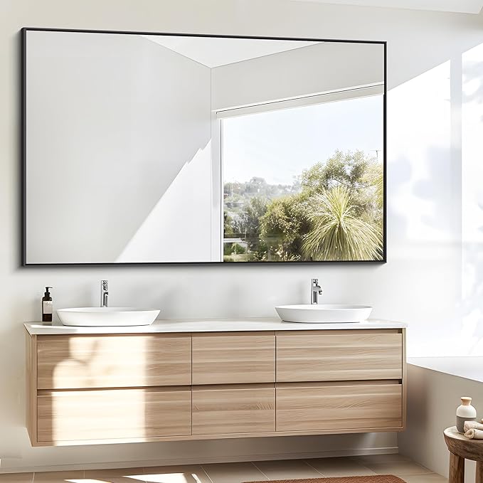 Bathroom Mirror,55x36 inch Large Wall Mirror for Bathroom Wall Mounted Black Rectangle Corner Mirrors,Black Bathroom Mirror for Living Room,Farmhouse,Bedroom Entryway,Horizontal/Vertical-StrideForce Fitness