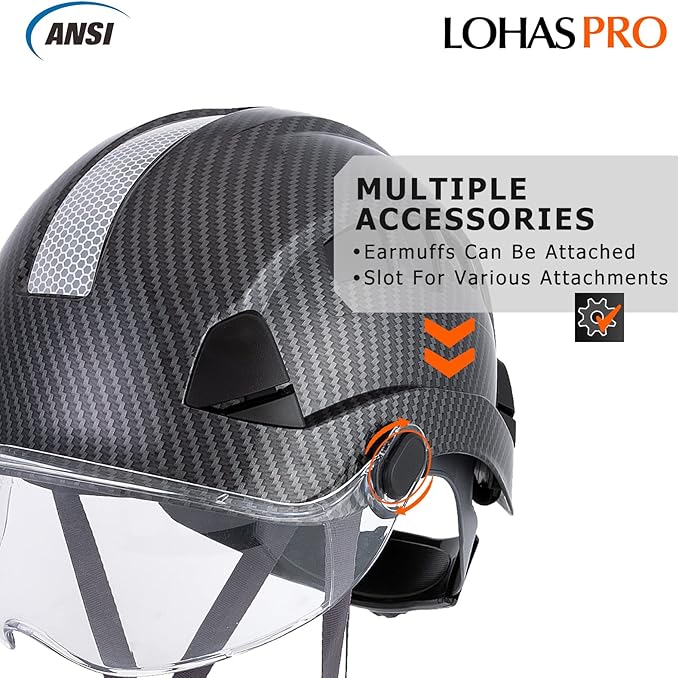 LOHASPRO Hard Hats Construction Safety Helmet with Visor ANSI Z89.1 Approved OSHA Hardhat, Vented Carbon Fiber Hard Hat with Chin Strap Tree Helmet(Black Graphite Pattern with Clear Visor)-StrideForce Fitness