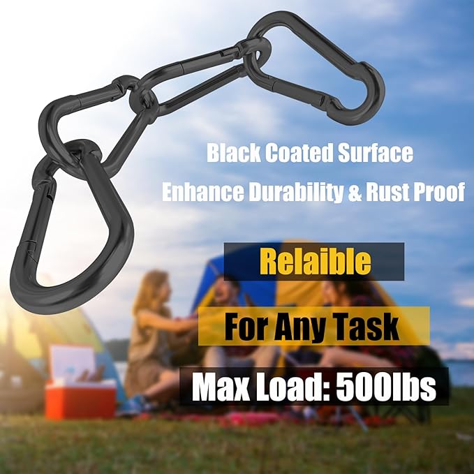 30PCS 3" Black Heavy Duty Spring Snap Hook, M8 5/16" Galvanized Steel Snap Hook Carabiner Quick Link Carabiner Clip, 500LBS Holding Capacity Quick Link Keychain for Swing Hammock Gym Outdoor-StrideForce Fitness