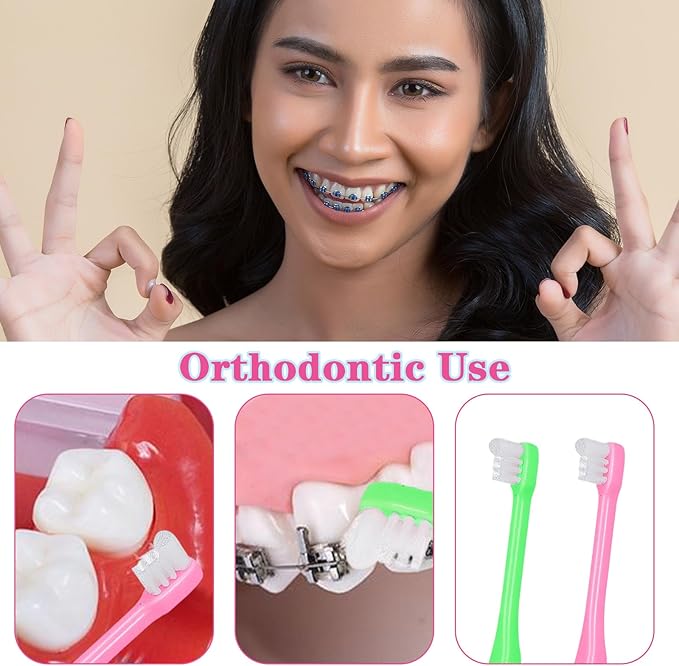 2Pcs Orthodontic Tooth Brush, Soft End Tapered Wisdom Toothbrush, Small Head End Tuft Toothbrush for Adult, Periodontal, Detail Cleaning (Pink Green)