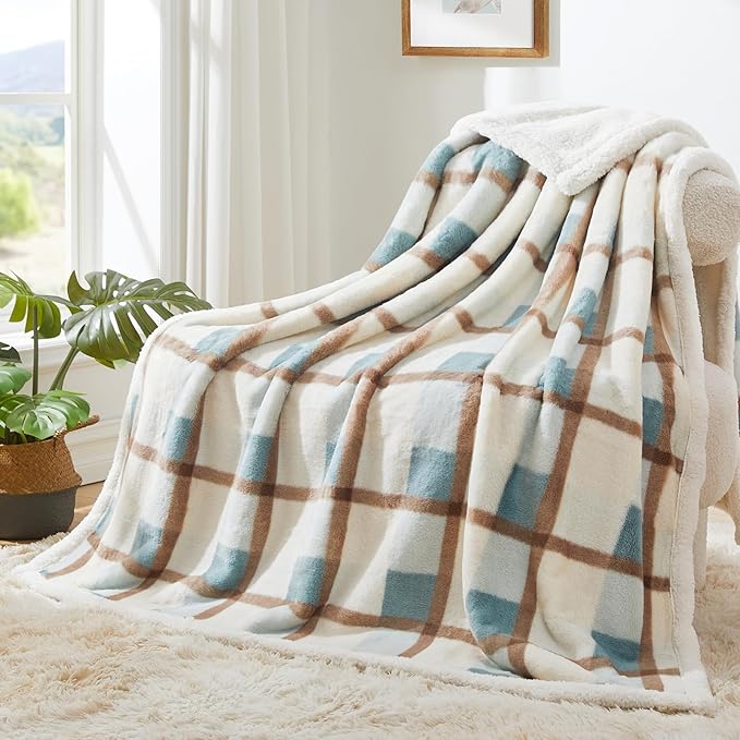 PU MEI Super Soft Faux Rabbit Fur Sherpa Fleece Throw Blanket, Reversible Luxury Cozy Cute Furry Blanket, Plush Warm Shaggy Fluffy Checkered Blankets for Sofa Couch Bed (Green-Plaid, 60" x 80")-StrideForce Fitness