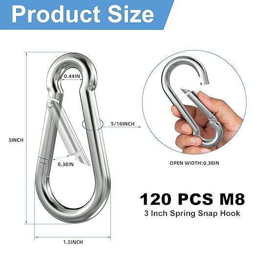 120PCS 3" Spring Snap Hook Carabiners, M8 x 3-1/8inch Heavy Duty Carabiner Clip Galvanized Steel Quick Link Snap Hook, 500LBS Holding Capacity for Swing, Hammock, Hiking, Gym, Travel Camping, Keychain-StrideForce Fitness