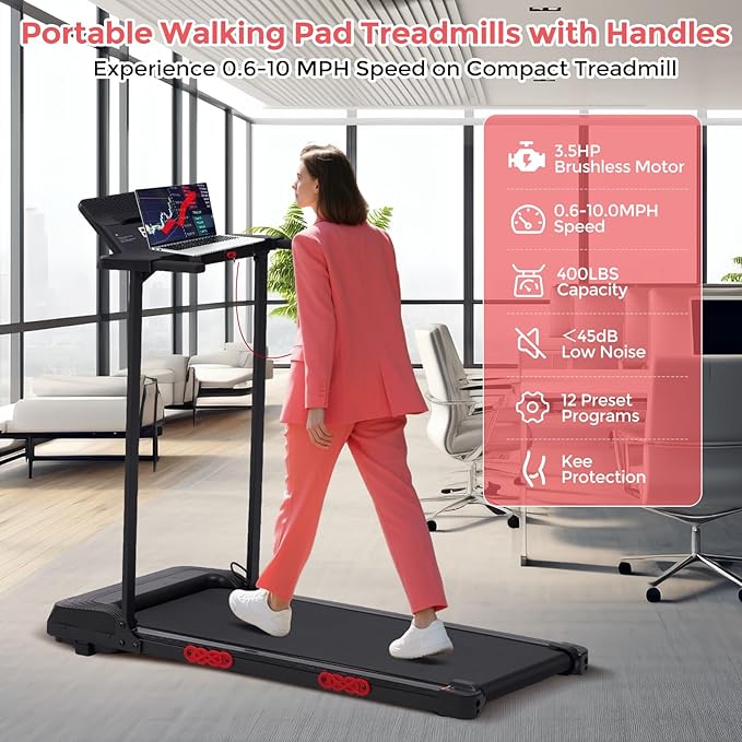 Walking Pad Treadmill with Handle Bar, 3.5HP Compact Electric Walking Pads Treadmills with Handles for Home Apartment Small, 0.6-10MPH Portable Foldable Folding Small Treadmill Home, 400LBS Capacity-StrideForce Fitness