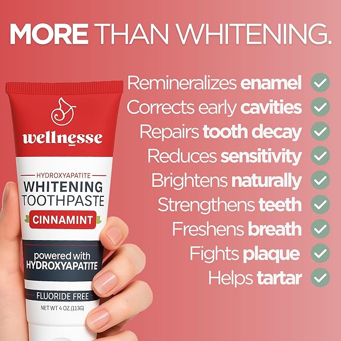 Wellnesse Hydroxyapatite Toothpaste – Fluoride Free for Sensitive Gums – Anti-Plaque, Remineralizing, Enamel Protection & Natural Whitening Toothpaste for Adults – Cinnamint Flavor - 4 oz