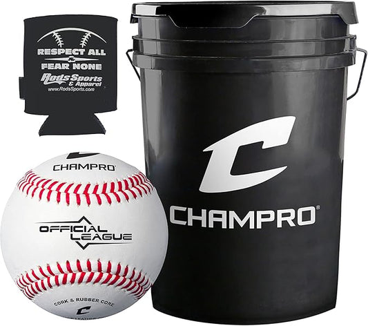 CHAMPRO CBB-90 Durahide Cover Baseballs in a Black Bucket – 30 Balls and one Rods Can Sleeve Included-StrideForce Fitness