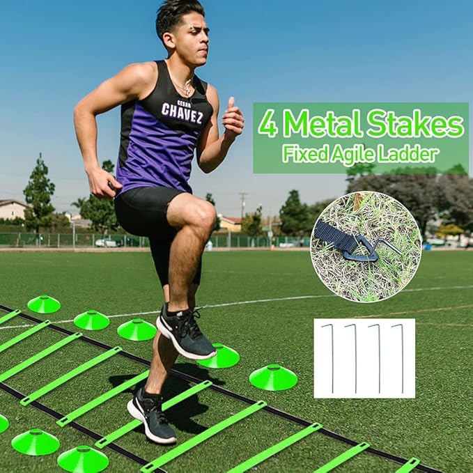 Speed & Agility Ladder Training Equipment Set, Includes 12 Rung 20ft Agility Ladder, 4 Agility Hurdles,12 Disc Cones, 1 Resistance Parachute for Training Football Soccer Basketball Athletes-StrideForce Fitness