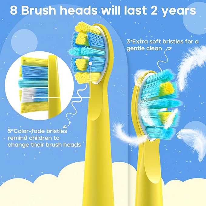 SEAGO Kids Electric Toothbrush, Rechargeable Sonic Soft Bristle Toothbrushes with 8 Brush Heads, DIY Stickers and 5 Modes, Ideal for Kids and Children, Ages 3–12,SG2303(Yellow)