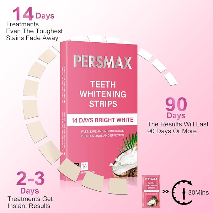 Teeth Whitening Strips for Sensitive Teeth Enamel Safe Smile Whitening Kit, 28 Strips 14 Treatments, No-Slip Remove Coffee Wine Smoking Stains Professional