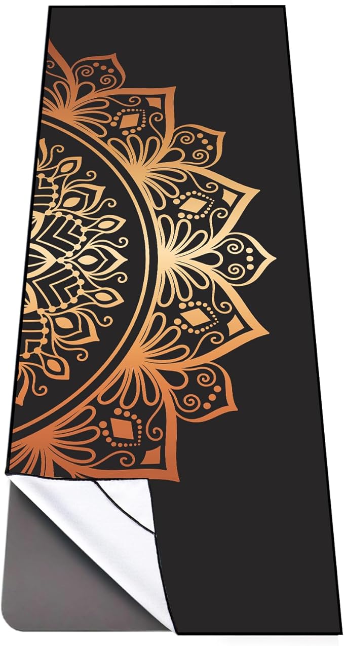 QiyI Yoga Mat Towel with Corner Pockets, Non Slip Sweat Absorbent Hot Yoga Towels, Soft Yoga Blankets with Travel Bag, Skidless Mat Cover for Workout, Gym, Fitness - 70"x26", Luxury Golden Mandala-StrideForce Fitness