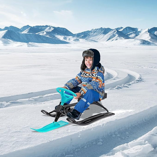 Snow Racer Sled, Ski Sled Slider Board with Steering Wheel, Twin Brakes, Anti-Slip Pedal, Snow Sled for Kids-StrideForce Fitness