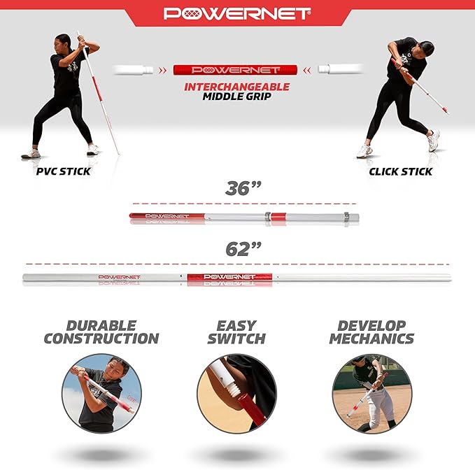PowerNet Combo PVC/Click Stick Softball & Baseball Swing Trainer, Interchangeable Baseball Hitting Trainer, PVC Training Bat for Drills, Bat Speed Training Equipment-StrideForce Fitness