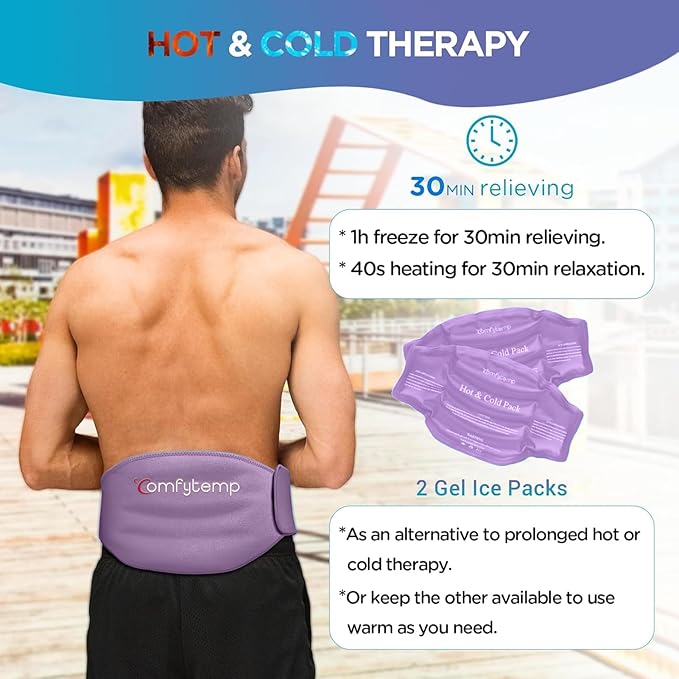 Comfytemp Ice Pack for Back Pain Relief, 2 Packs, Reusable Gel Lower Back Wrap Ice Brace for Sciatica Injuries, Hot Cold Compression for Lower Lumbar, Waist, Men Women Surgery Get Well Gifts (Purple)-StrideForce Fitness