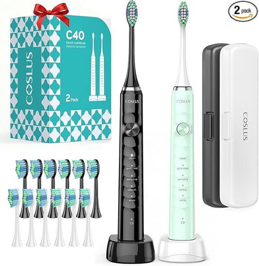 COSLUS Sonic Electric Toothbrush for Adults: 47000 VPM for Deep Cleaning & Whitening with Travel Case - 5 Modes for Sensitive Teeth & Braces, Wireless Charging, 6 Brush Heads, Black & Green (2PCS)
