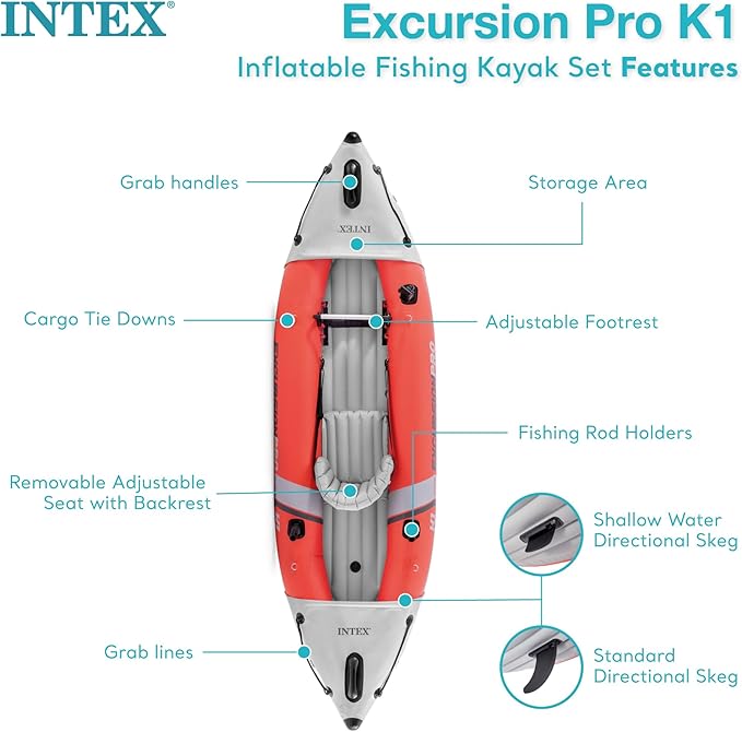INTEX 68303EP Excursion Pro K1 Inflatable Kayak Set: Includes Deluxe 86in Kayak Paddles and High-Output Pump – SuperTough PVC – Adjustable Bucket Seat – 1-Person – 220lb Weight Capacity-StrideForce Fitness