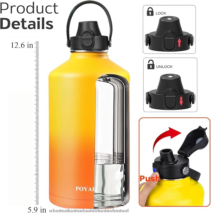 Water Bottle Insulated 32oz 40oz 64oz 128oz Straw Lid Spout Lid & 3 Lids, Leak Proof, Vacuum Insulated,Stainless Steel Water Bottle Wide Mouth for Sports, Gym or Office-StrideForce Fitness