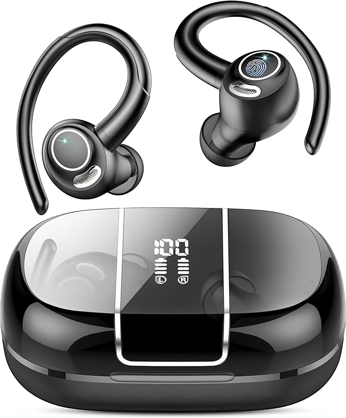 Wireless Earbuds Bluetooth 5.3 Headphones Sports, 48Hrs Playtime Bluetooth Earbuds with CVC 8.0 Mic, Stereo Bass Over Ear Bud with Earhooks, LED Display, IP7 Waterproof Earphon for Workout/Running-StrideForce Fitness