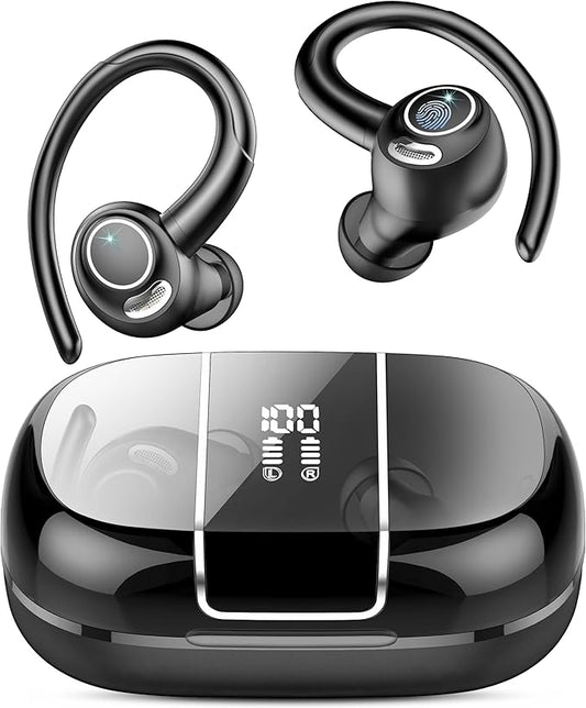 Wireless Earbuds Bluetooth 5.3 Headphones Sports, 48Hrs Playtime Bluetooth Earbuds with CVC 8.0 Mic, Stereo Bass Over Ear Bud with Earhooks, LED Display, IP7 Waterproof Earphon for Workout/Running-StrideForce Fitness