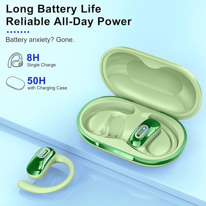 Open Ear Headphones, Bluetooth 5.4 Earbuds, 50H, Air Conduction Ear Buds, HD Stereo Bass Over Ear Earphones with Earhooks, Ultra-Comfort Secure Fit, IPX7 Waterproof Headset for Working Sports, Green-StrideForce Fitness
