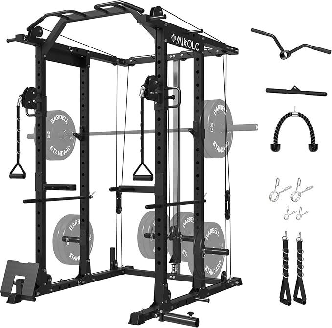 Mikolo Power Cage, Power Rack with Cable Crossover System, 1500LBS Squat Rack with LAT Pull Down System, Workout Cage with Pulley System for Fitness Home Gym-StrideForce Fitness