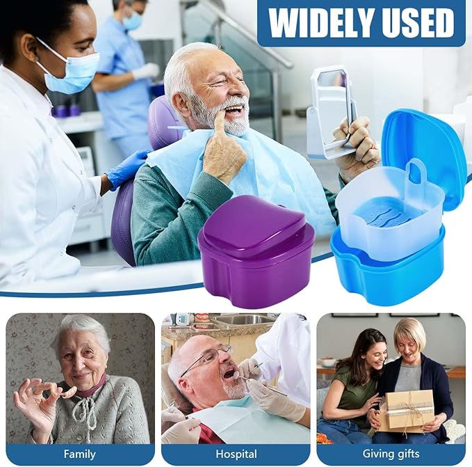 2 Pack Denture Bath Case Cup Box Holder Storage Container with Denture Cleaner Brush Strainer Basket for Travel Cleaning (Light Blue and Purple)