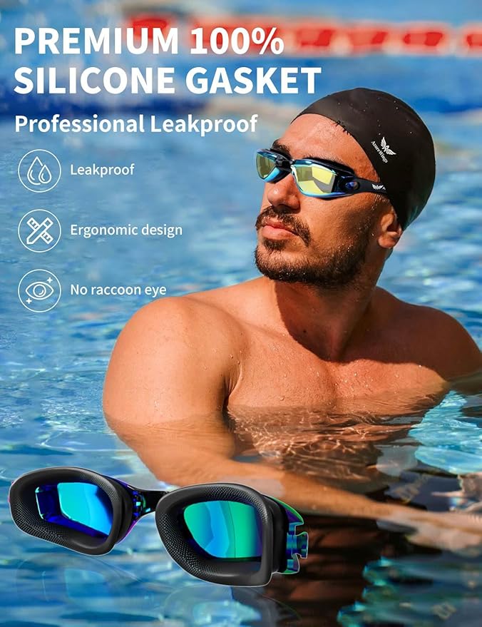 7 in 1 Swim Goggles + Swim Cap for Men Women,No Leak Anti-Fog & UV, Wide Visio HD Mirror PC Lens-StrideForce Fitness