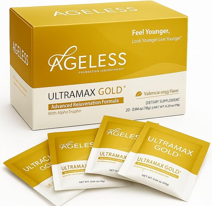 Ageless UltraMAX Gold - HGH Anti-Aging Supplement for Women & Men - Rejuvenates Skin, Restores Youthful Appearance, Boosts Energy & Sleep, Effervescent Powder - Valencia Orange Flavor - 22 Packets-StrideForce Fitness