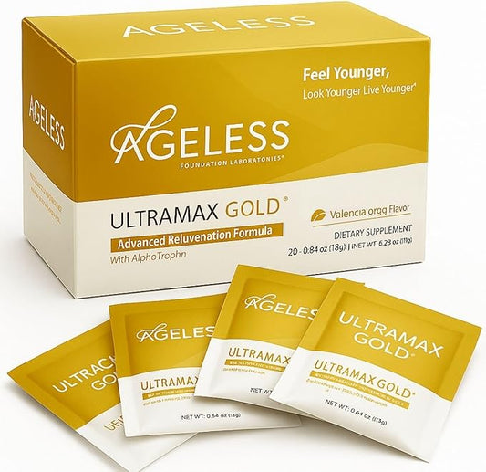 Ageless UltraMAX Gold - HGH Anti-Aging Supplement for Women & Men - Rejuvenates Skin, Restores Youthful Appearance, Boosts Energy & Sleep, Effervescent Powder - Valencia Orange Flavor - 22 Packets-StrideForce Fitness