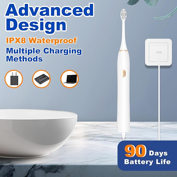 FXQQZZ Electric Toothbrush for Adults and Kids, with Tongue Scraper and Travel Case, 8 Brush Head, Smart Timer & 4 Modes Rechargeable Toothbrush, 42000 VPM Deep Clean, One Charge Last 90 Days - White