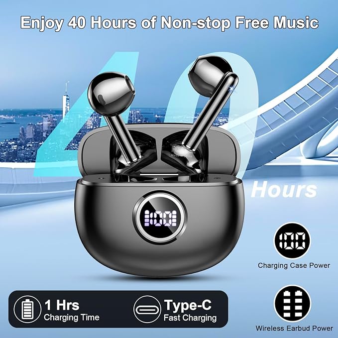 Wireless Earbuds, 2025 Bluetooth 5.3 Headphones HiFi Stereo Ear buds with ENC Noise Cancelling Mics, 40H Bluetooth Earbuds with Dual LED Display, IP7 Waterproof in Ear Earphones for Android iOS, Black-StrideForce Fitness