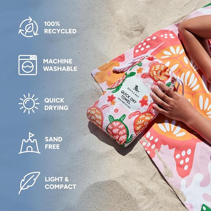 Dock & Bay Beach Towel - Quick Dry, Sand Free - Compact, Lightweight - 100% Recycled - Includes Bag - Turtley Tropical - Large (160x90cm, 63x35)-StrideForce Fitness