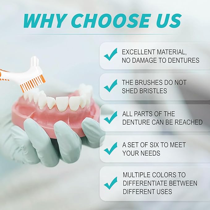 6 Pcs Denture Brush Set for False Teeth with White Carrying Case, Denture Toothbrushes with Double Sided Design, Dental Brush with Multi-Layered Soft Bristles and Rubber Anti-Slip Handle, 4 Colors