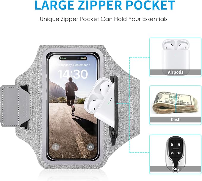 GUZACK Running Armband Case for iPhone 16/15/14/13/12/11 Pro Max, Galaxy S25/S24/S23/S22, Universal Cell Phone Arm Holder with Key Pocket & Card Slot, Gray-StrideForce Fitness