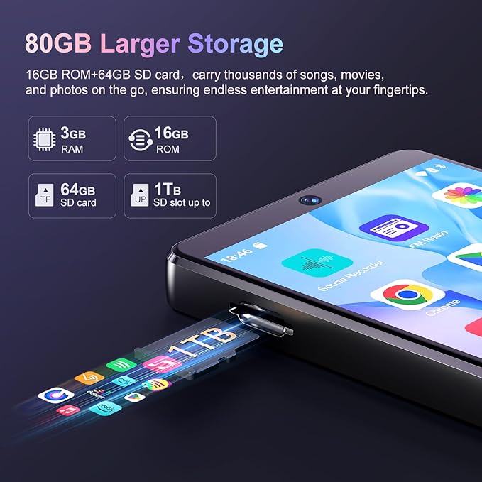 80GB MP3 Player with Bluetooth and Camera, Android 13 OS MP3 & MP4 Player with 4" Touchscreen and Speaker, Spotify Music Player with Audible, FM Radio, Amazon Music, Play Store-StrideForce Fitness