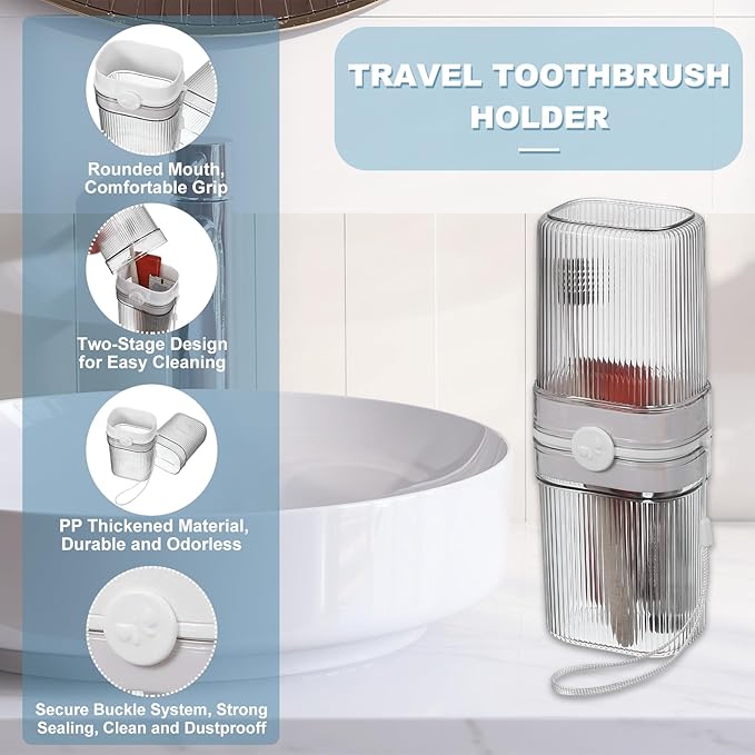 uxcell 1Pcs Travel Toothbrush Case, Portable Travel Toothbrush Holder with Cover, Toothbrush and Toothpaste Container for Bathroom, Gym,Business Trip, Camping (Light Gray)