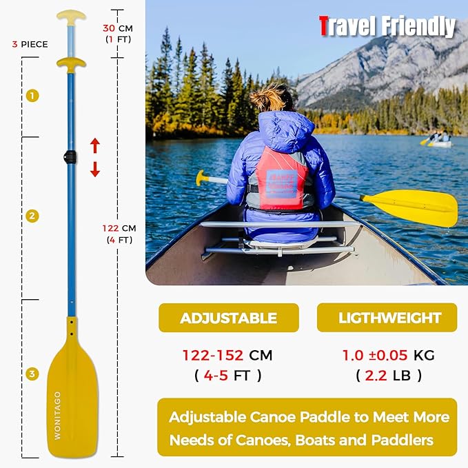 Canoe Paddles Aluminum Paddle with Plastic Blades Floating Adjustable Canoeing and Boating Oars, 122-152 cm/4-5 Ft, Black/Yellow-StrideForce Fitness