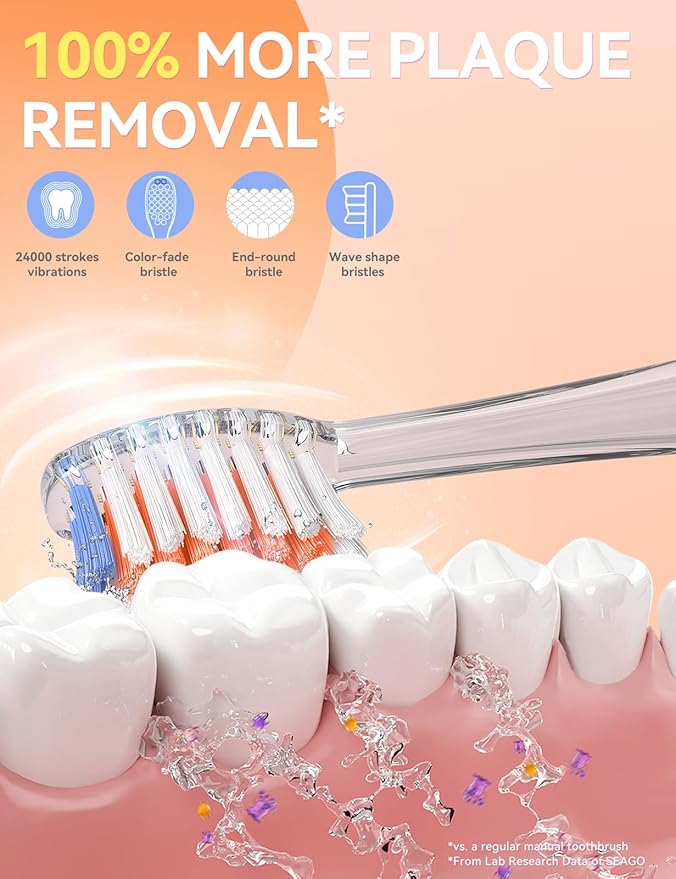 SEAGO Kids Electric Toothbrush with 2 Mins Brushing Timer and 4 Replacement Bursh Heads, Rainbow LED Light Make Brushing Fun, Boys Battery Powerd Toothbrush for 4-12 Years Old，SG-977(Orange)