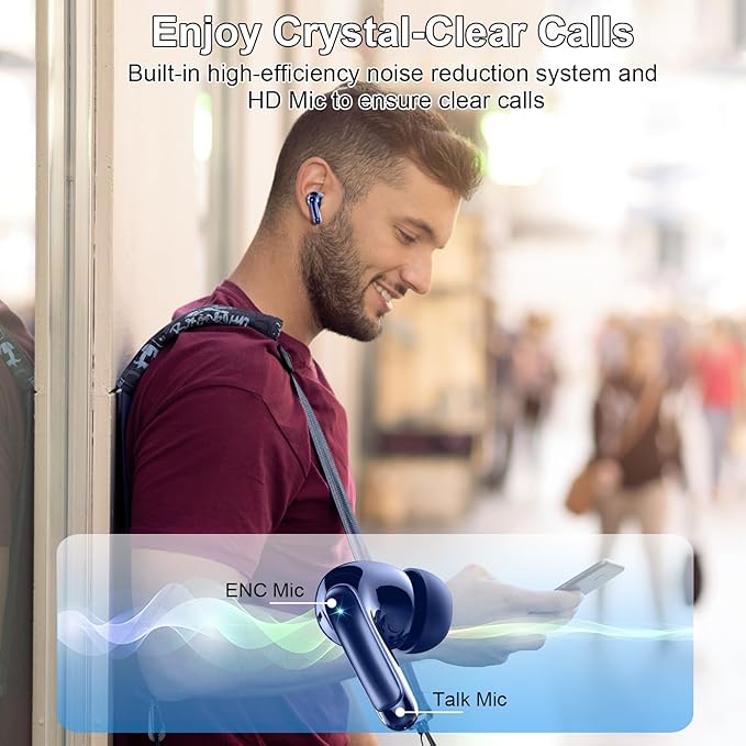 Wireless Earbuds, Bluetooth 5.4 Headphones, ENC Noise Cancelling Mic Ear buds with Stereo Bass, 48H Playtime Earphones , LED Display, IP7 Waterproof In Ear EarBuds for Phone Android iOS Sports, Blue-StrideForce Fitness