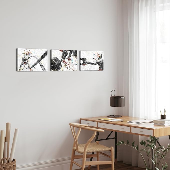 KREATIVE ARTS 3 Pieces Fitness Gym Canvas Wall Art - 12"x16" Framed Workout Prints with Weightlifting, Dumbbell, Barbell & Fitness Rope Motifs, Black & White Sport Painting, Home Gym Decor-StrideForce Fitness