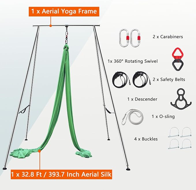 TECSPEC 9.6 FT/115.3 Inch Adjustable Height Aerial Yoga Frame & Hammock, Professional Swing Stand with 18 FT/33FT Aerial Silk, 550lbs Max Capacity-StrideForce Fitness