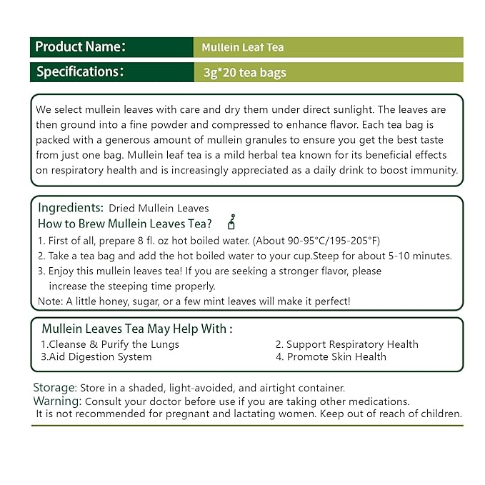 Samcci - Mullein Tea Bags, 20 Teabags, 3g/bag, 100% Pure Mullein Tea Bags for Lungs Cleanse, Natural Herbal Tea Bags, Caffeine Free & No Additives Mullein Leaf Tea for Detox & Respiratory Support-StrideForce Fitness