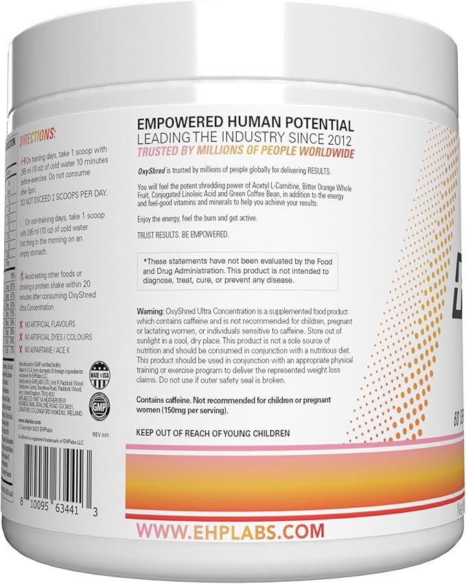EHP Labs OxyShred Pre Workout Powder - Preworkout Powder with L Glutamine & Acetyl L Carnitine, Energy Boost Drink - Peach Mango, 60 Servings-StrideForce Fitness