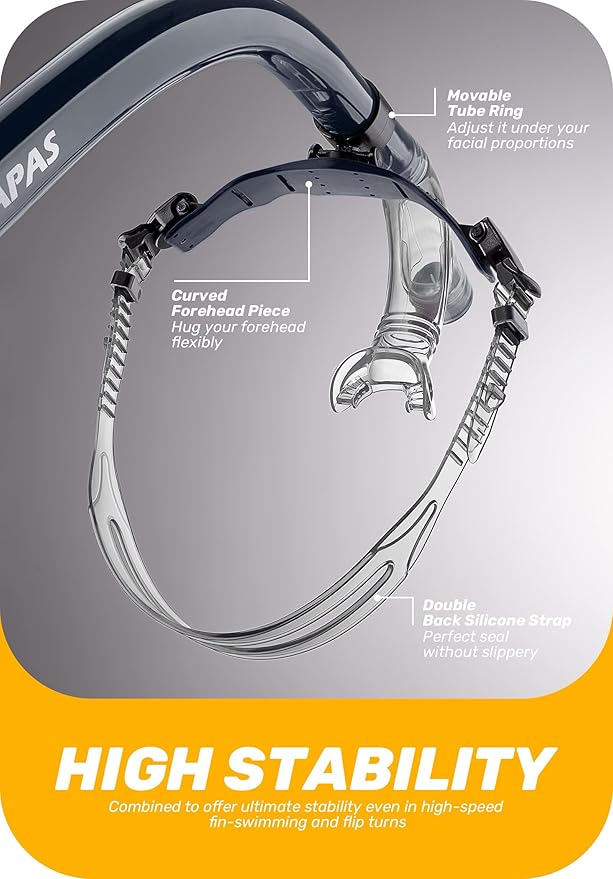 CAPAS Training Swim Snorkel for Lap Swimming, Swivel Headband Ultimate Fit Center-Mount Swimmers Snorkel with Liquid Silicone Mouthpiece Adjustable Strap, Designed for Adult Men Women-StrideForce Fitness