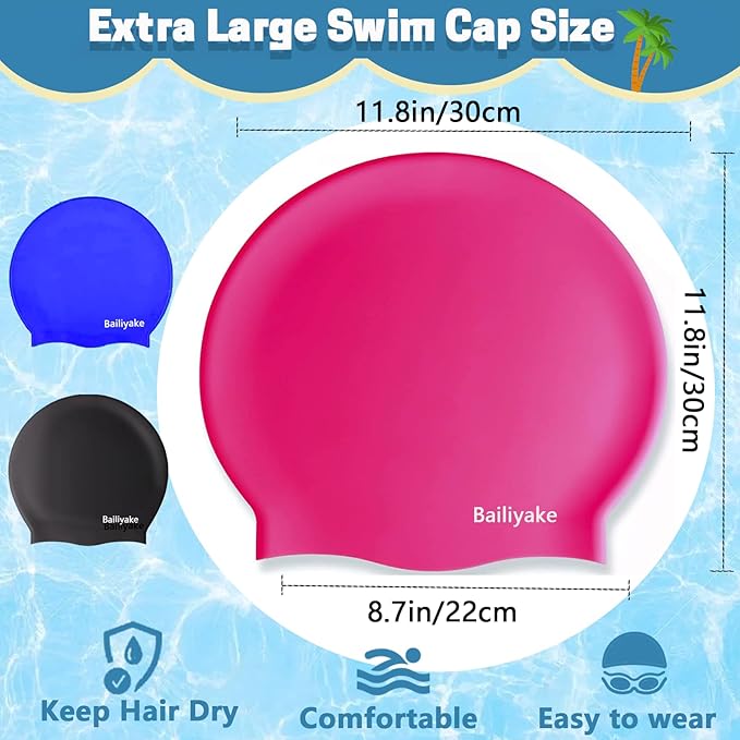 3 Pack Extra Large Swim Cap for Braids & Dreadlocks - Waterproof Silicone Swim Hat for Women with Long Thick Hair, Protective Swim Cap Cover Ears for Swimming, Shower, Bathing-StrideForce Fitness