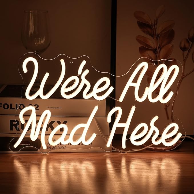 We Are All Mad Here Neon Sign Letter LED Neon Lights Dimmable USB Powered 16.5’’X9.4’’Cool Wall Decorative Light Bedroom Bar Birthday Party Decoration Gifts （Warm White）-StrideForce Fitness