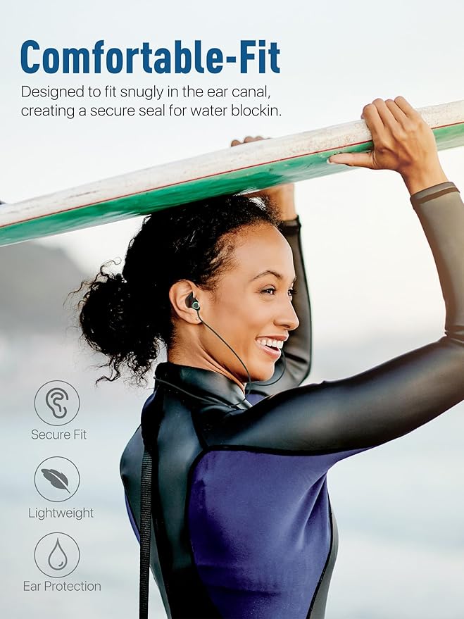 Hearprotek Swimmer Ear Plugs, 1 Pair Custom-fit Water Protection Adult Swimming Earplugs for Swimmers Surfer, Universal-fit with Lanyard, Perfect for Swimming,Surfing, Other Water Activities Black-StrideForce Fitness