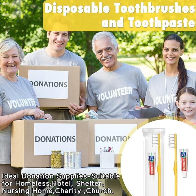 HOFASON Disposable Toothbrushes with Toothpaste Pack of 200, Bulk Travel Toothpaste and Toothbrush Set Yellow Hollow Toothbrush 5g Tooth Paste Individually Wrapped for Homeless Shelter Charity Hotel